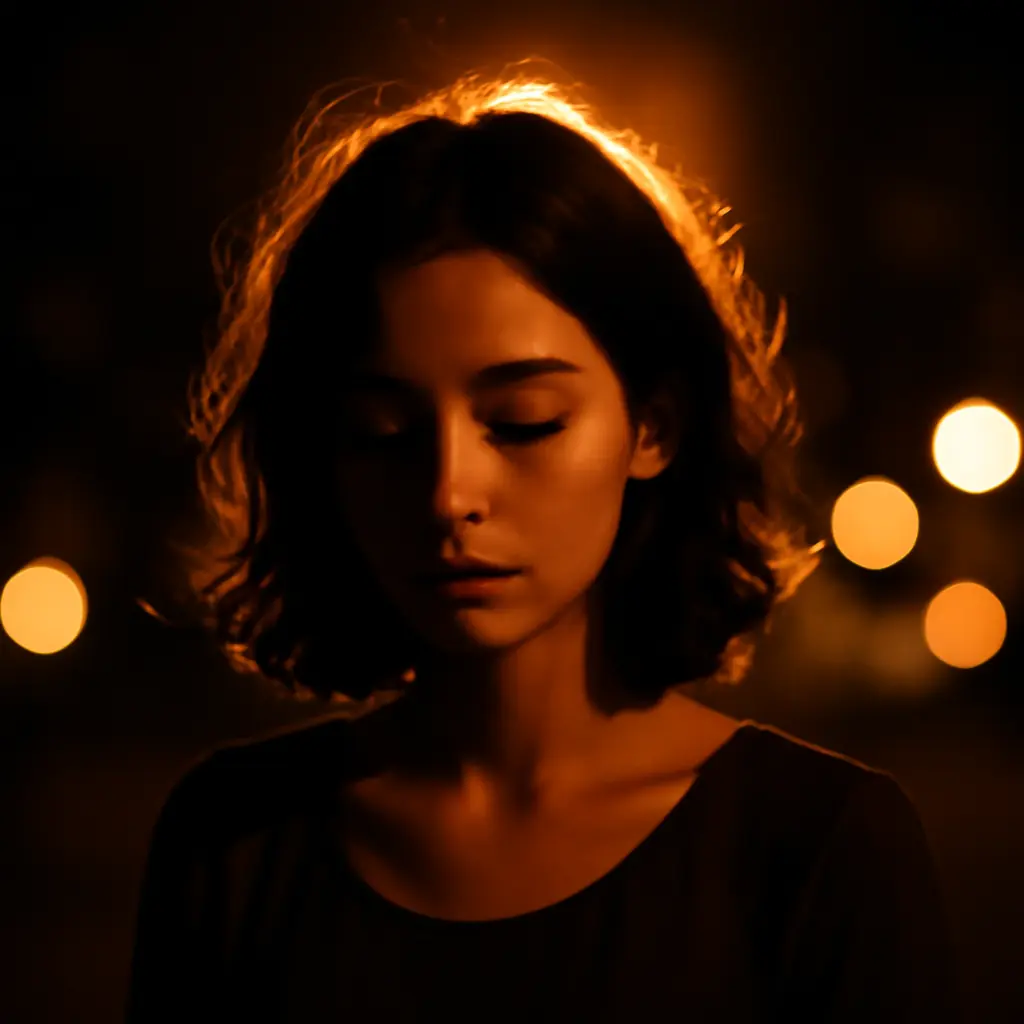 Backlit low-light portrait Portrait of a subject lit by a single warm light source in low light