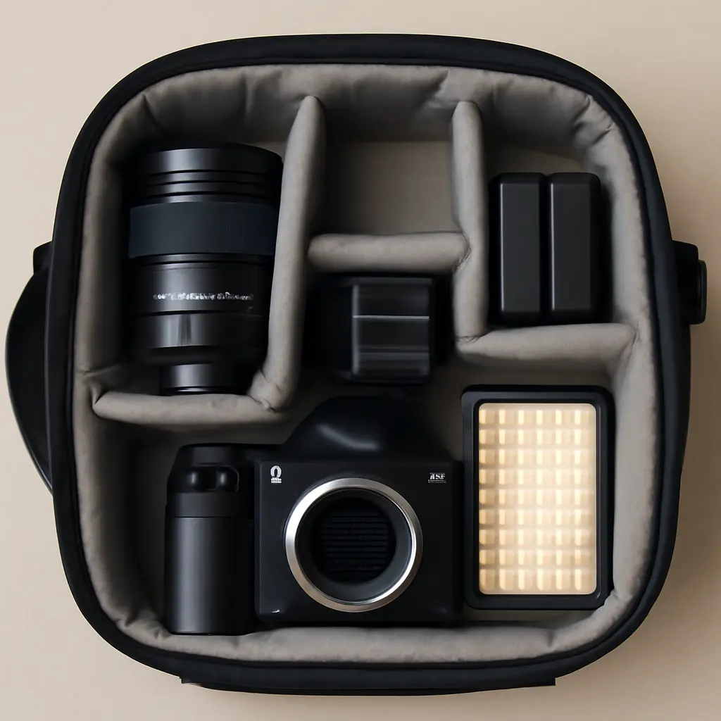 Open camera bag showing lenses and accessories