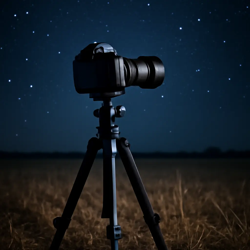 Camera mounted on a sturdy tripod at night