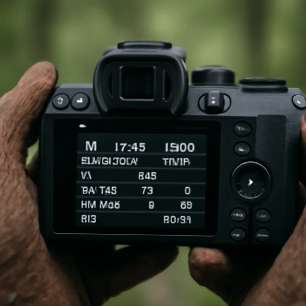 Close-up of a mirrorless camera LCD screen showing wildlife photography settings in the field