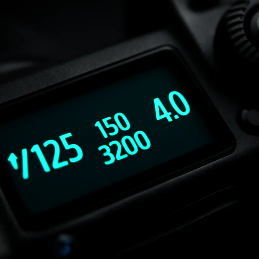 Camera LCD showing shutter speed and ISO settings for night photography