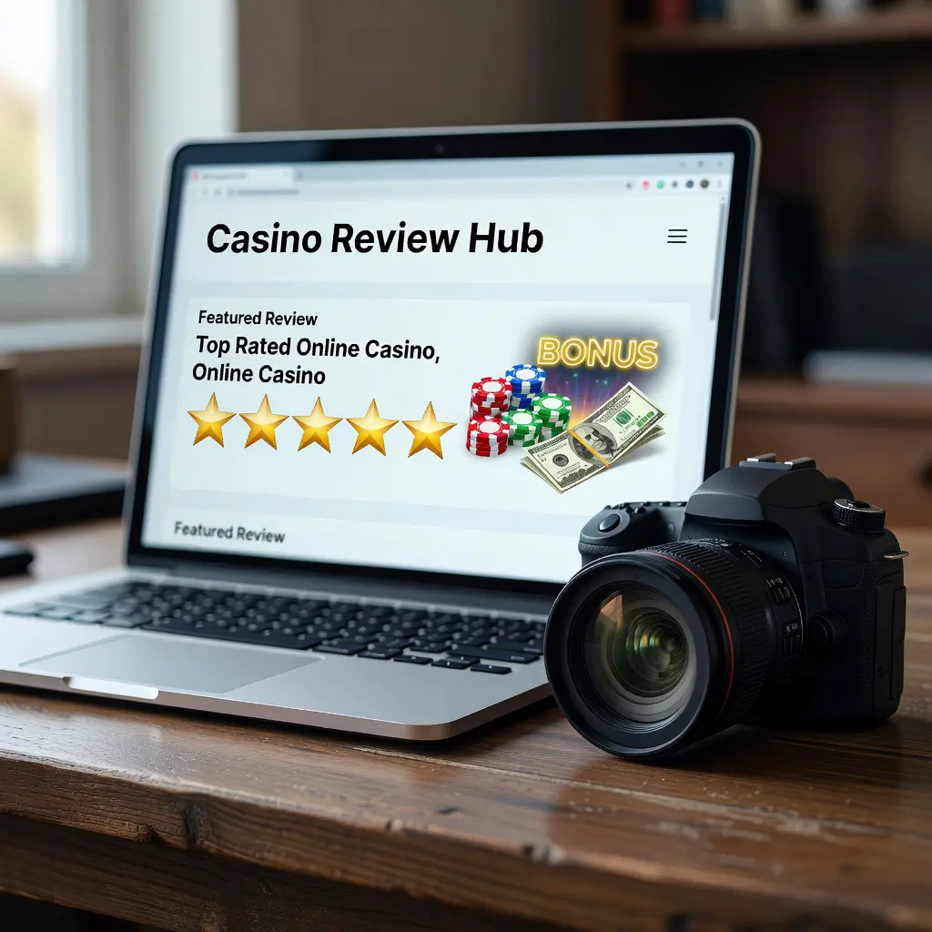 Casino overview rating displayed on a photographer's laptop A laptop screen showing a casino overview rating website with detailed bonus information, camera equipment visible on the desk nearby