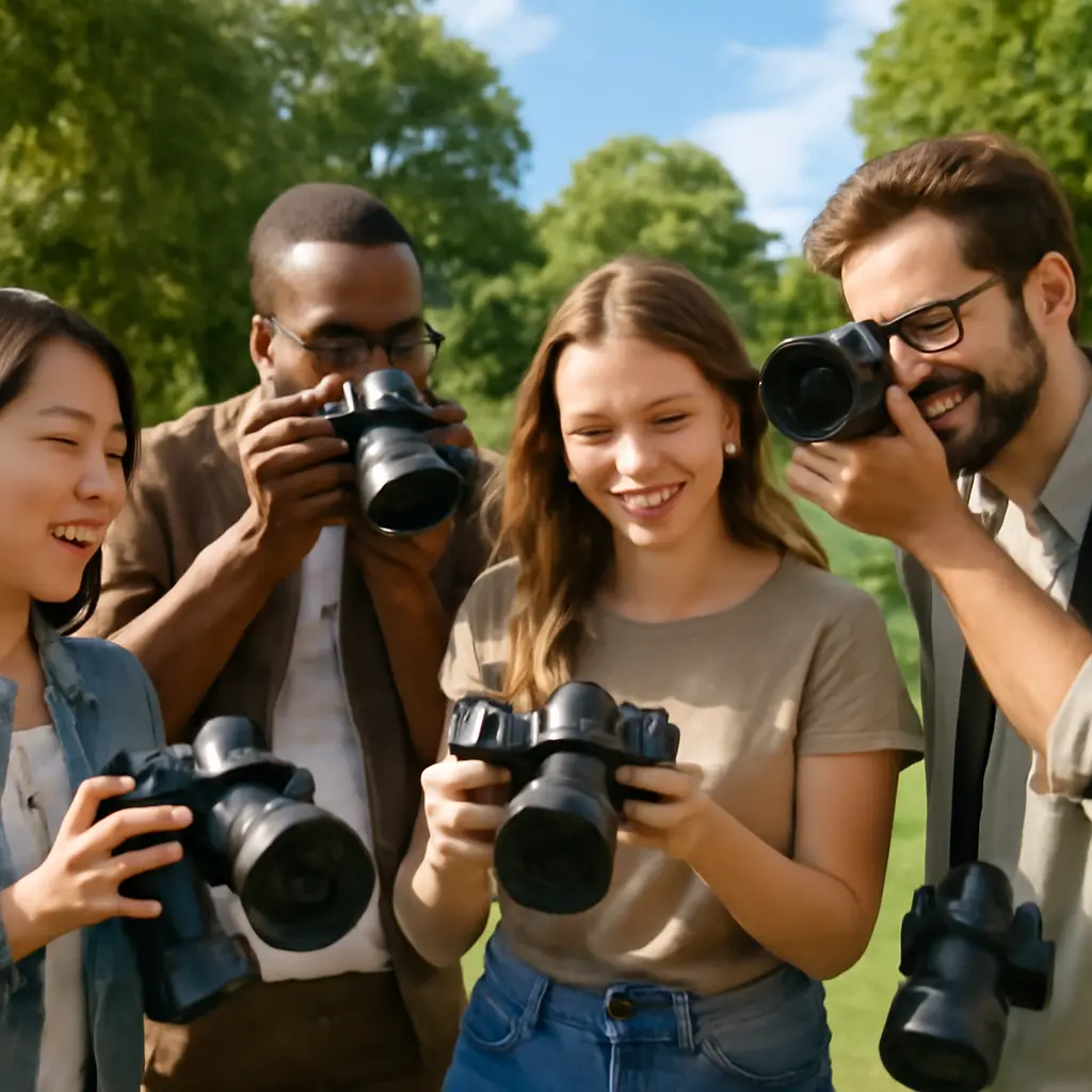 Group of photographers testing cameras together outdoors