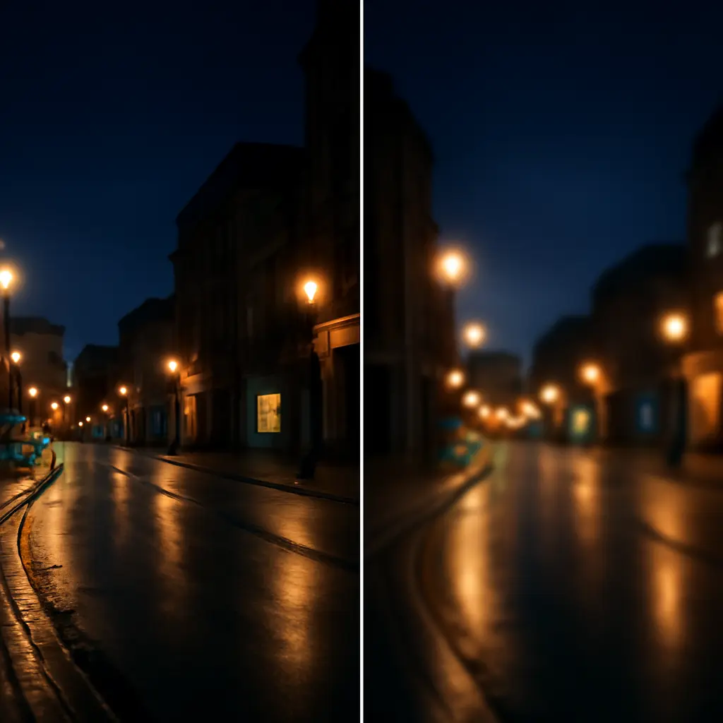 Side by side comparison of sharp and blurry low-light images