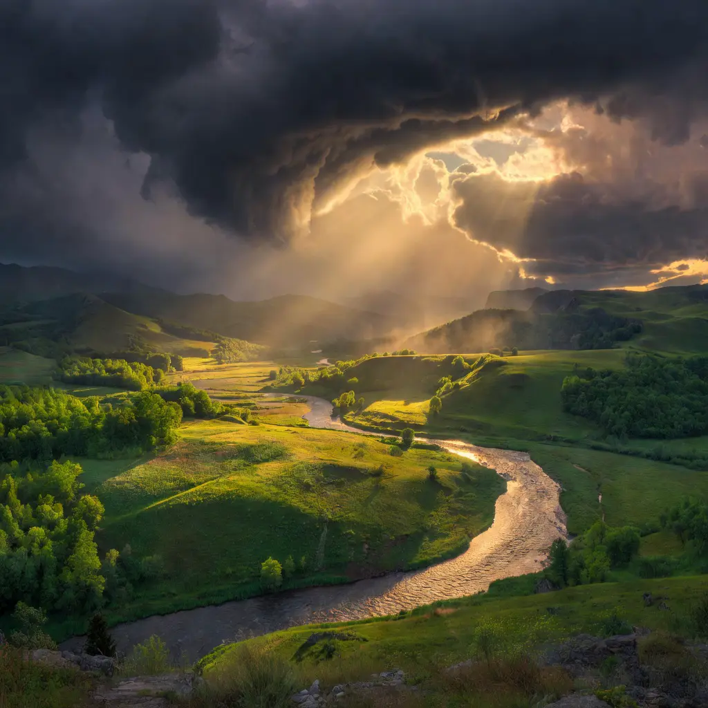 Dramatic storm light breaking over a green valley landscape A dramatic landscape with dark storm clouds parting to reveal golden shafts of light illuminating a lush green valley and winding river below