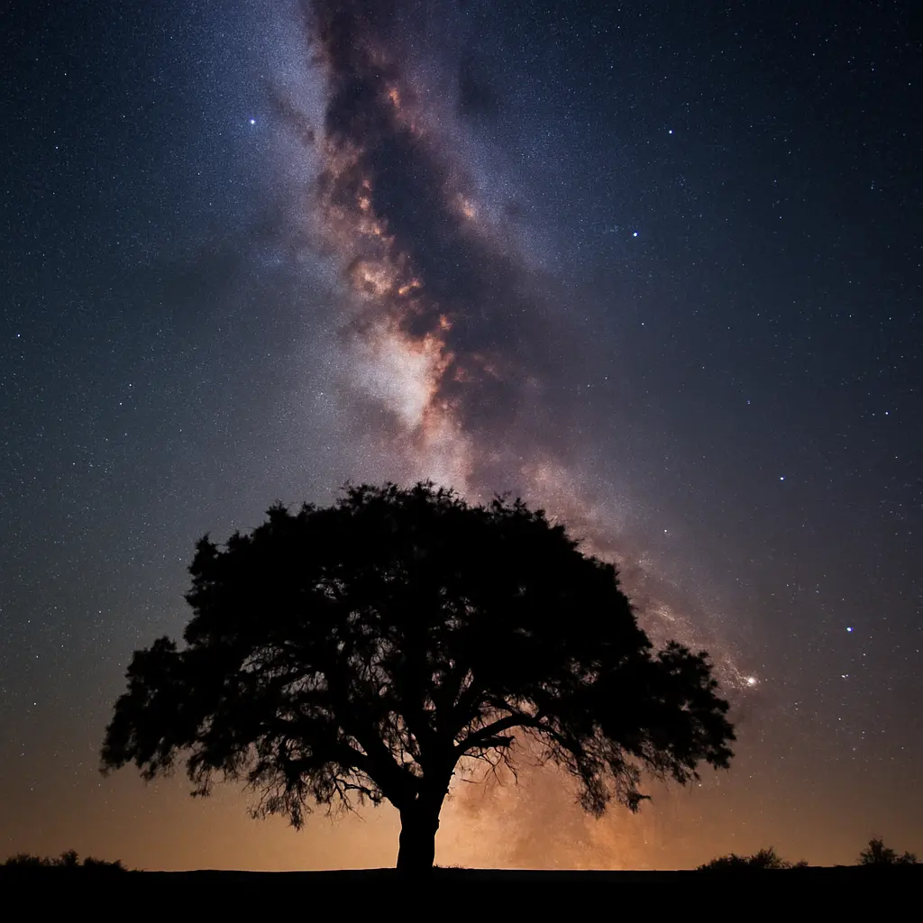 Foreground silhouette leading to a bright starry sky for compositional balance
