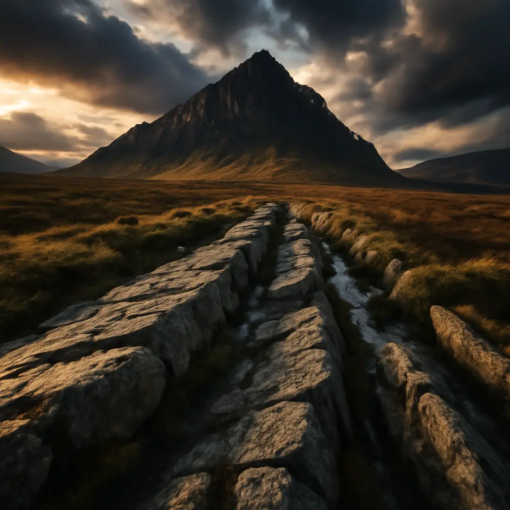 Foreground rocks leading to mountain with dramatic sky, demonstrating leading lines