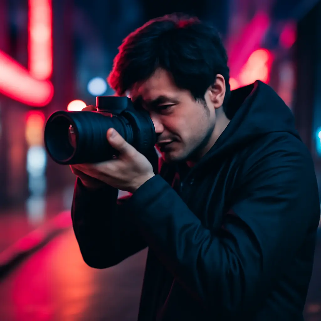 Photographer holding camera steady for handheld night shot