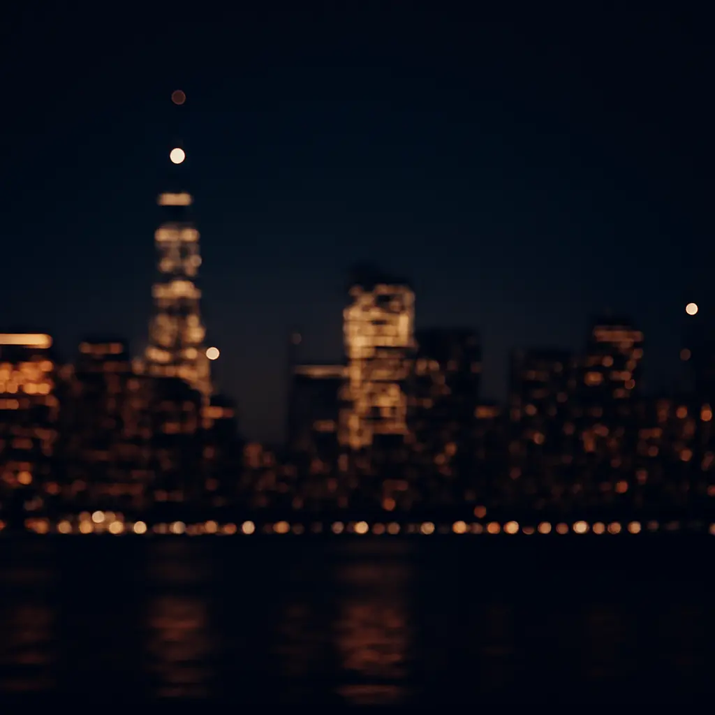 Blurry city skyline at night before corrections