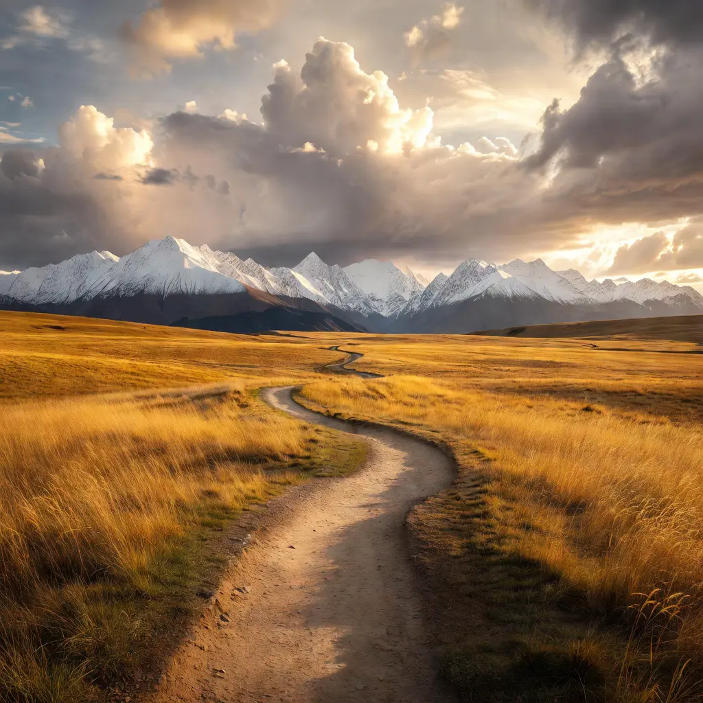 Landscape with leading lines along a winding mountain path A scenic mountain landscape with a winding dirt path serving as a leading line that draws the viewer's eye toward distant peaks