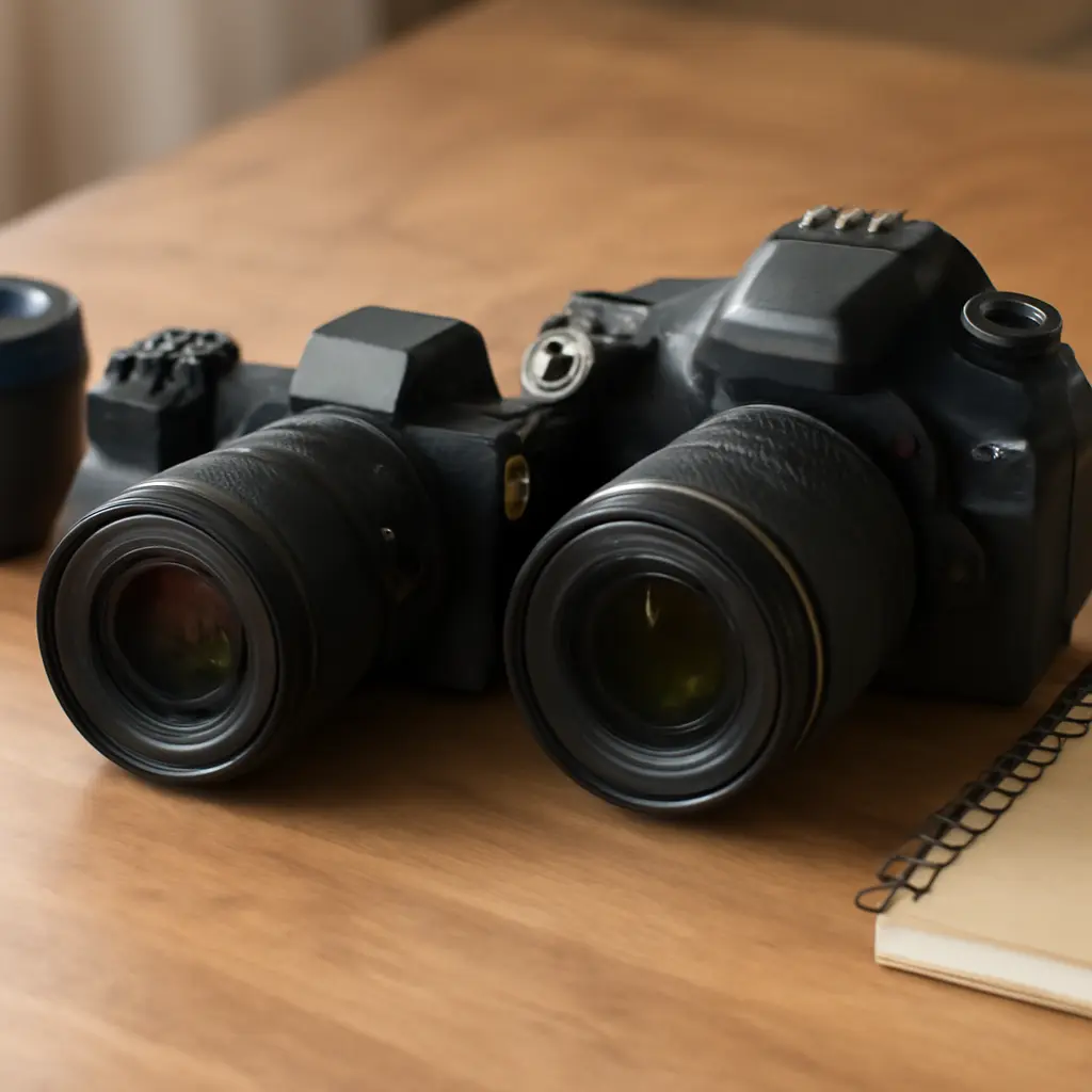Mirrorless camera and DSLR side by side on a table with lenses