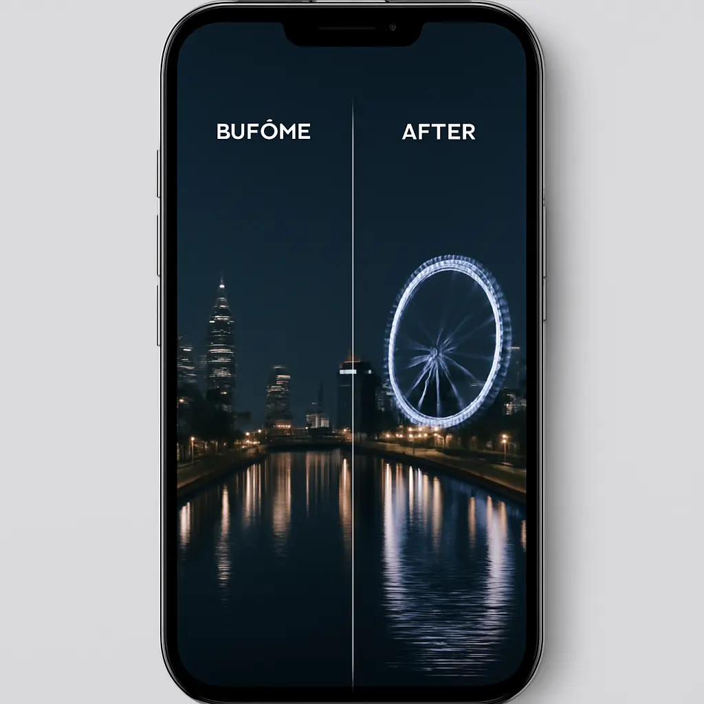 Photo editing adjustments on a phone showing before and after low-light corrections