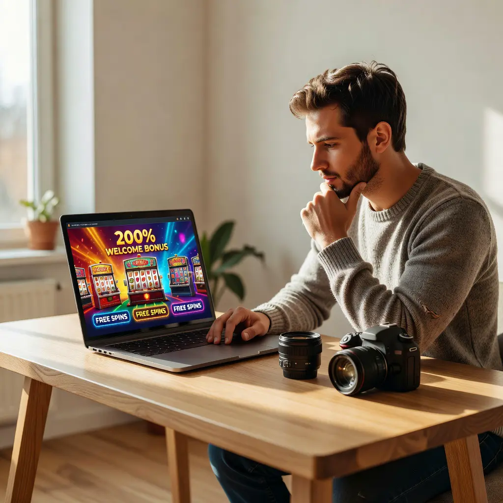 Photographer exploring casino bonus offers on a laptop A photographer relaxing at a desk browsing a casino bonus website on a laptop, with a camera and photography equipment visible in the background