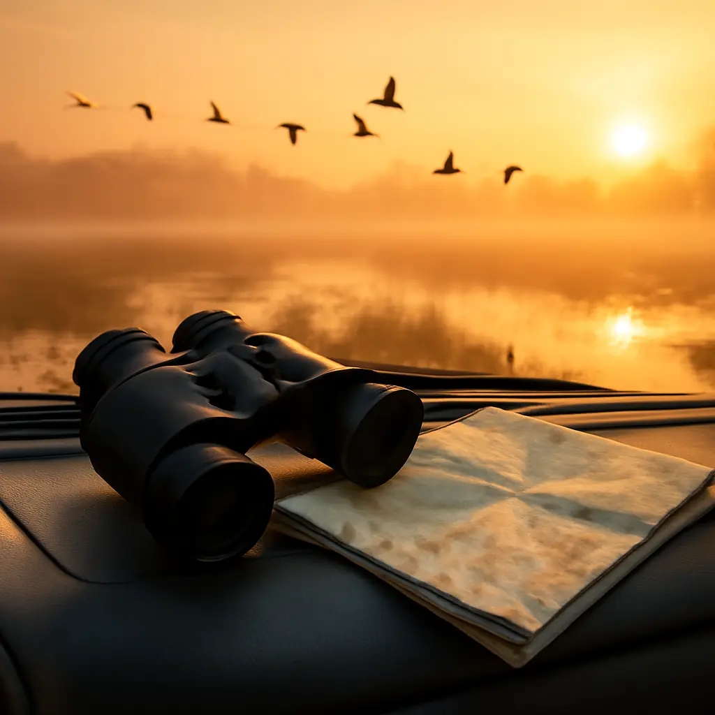 Binoculars and a topographic map resting on a vehicle dashboard overlooking a misty wetland at sunrise