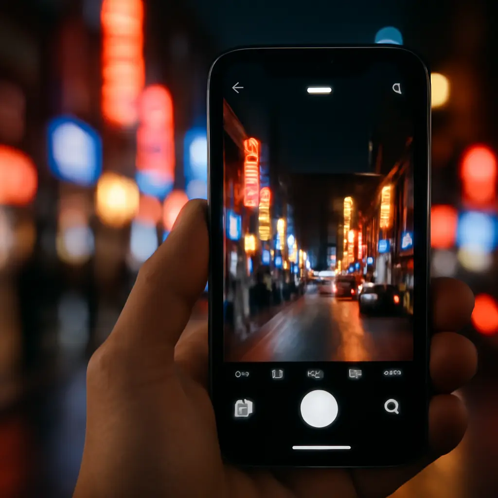 Smartphone capturing a night scene with city lights