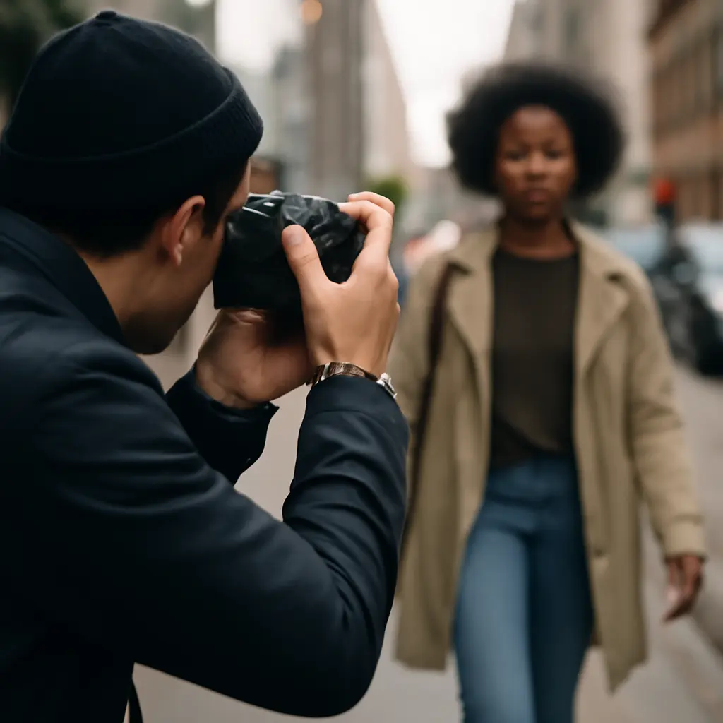 Street photographer framing Photographer framing a candid street scene
