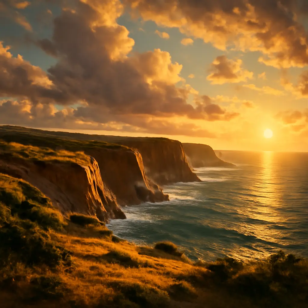 Landscape sunrise with cliffs and layered foreground for composition
