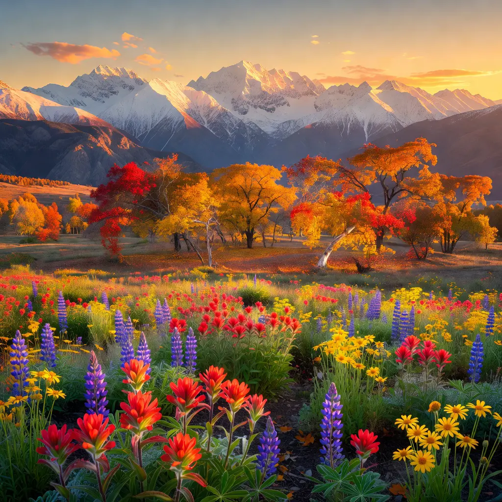 Three-zone landscape with wildflowers, trees, and mountains A layered landscape composition showing wildflowers in sharp foreground, a forest in the middle ground, and snow-capped peaks in the background under golden-hour light