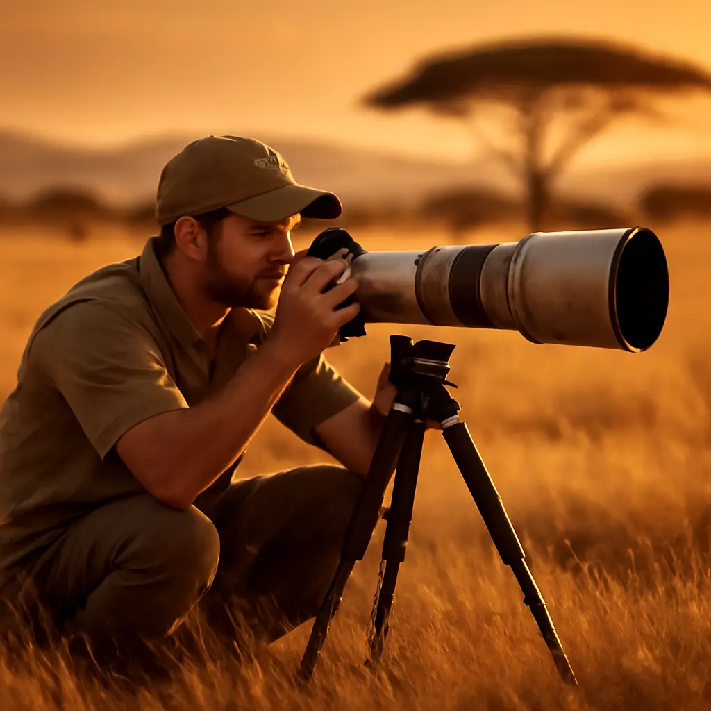 Photographer with telephoto lens crouching in tall grass at golden hour photographing wildlife